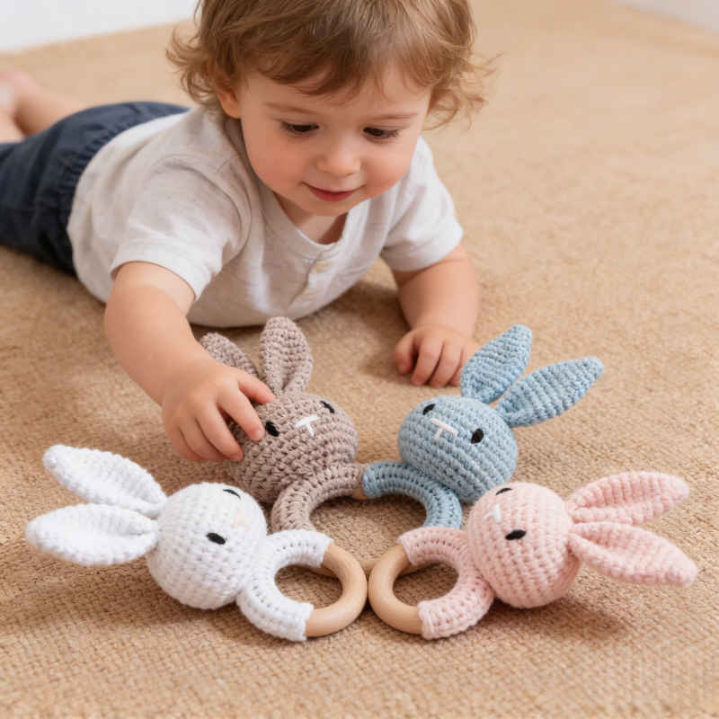 Travel Accessories For 2 Year Old - Wooden Baby Rattle Toy Handmade Crochet